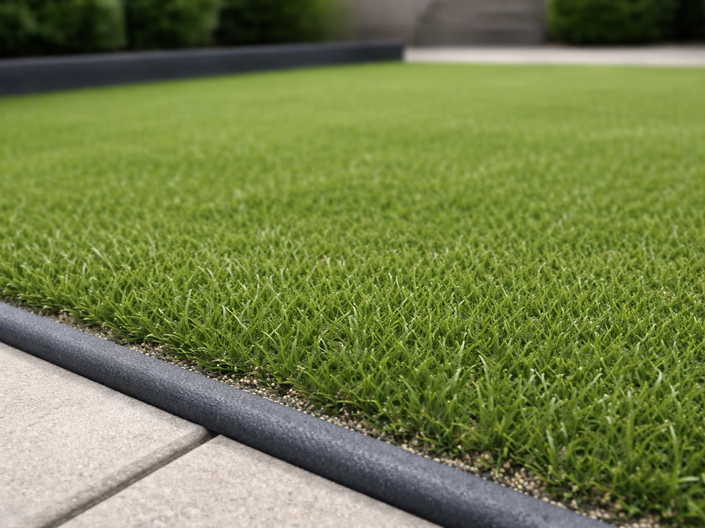 Gazon synthétique propre et stable avec granulés entre les fibres, vue sur une petite zone de jardin.