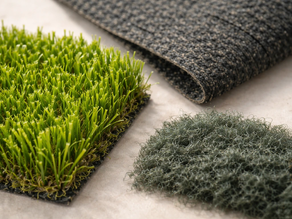 Gros plan réaliste de fibres de gazon synthétique, brins vert PE et dossier renfort PP avec touche de PET recyclé