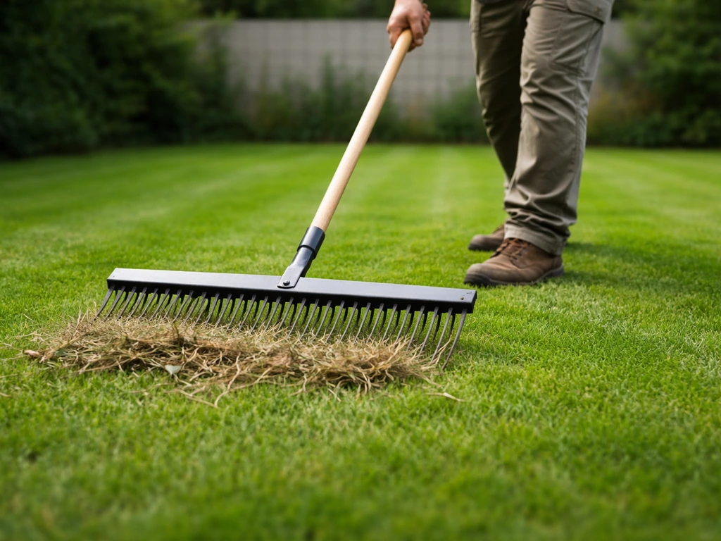 Un jardinier anonyme brosse un gazon avec un outil à contre-sens, tandis que des débris sont évacués