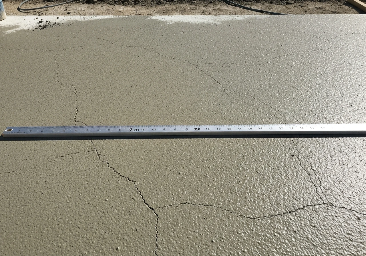 Gros plan d’une dalle béton fissurée avec une règle de maçon de 2 m posée pour contrôler l’irrégularité.