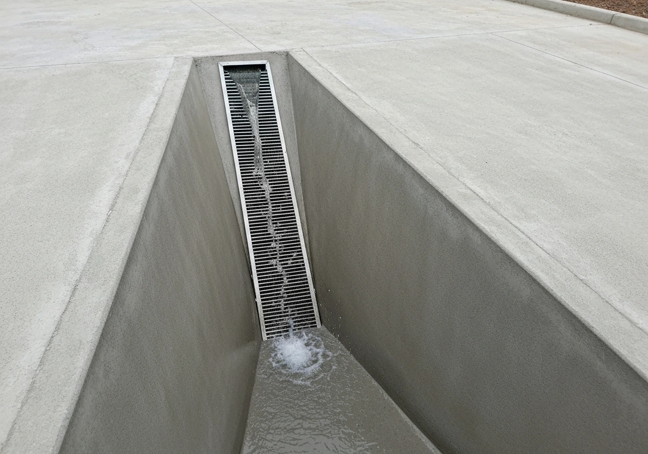 Dalle en béton légèrement inclinée avec eau s’écoulant vers un caniveau d’évacuation.