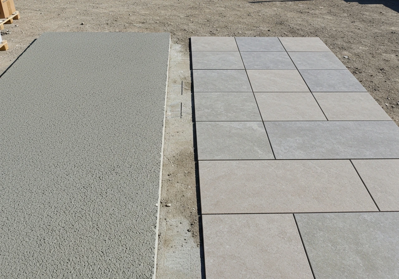 Prise de vue réaliste d’une dalle en béton brut et de dalles en carrelage, prêtes pour un choix de produit adapté.