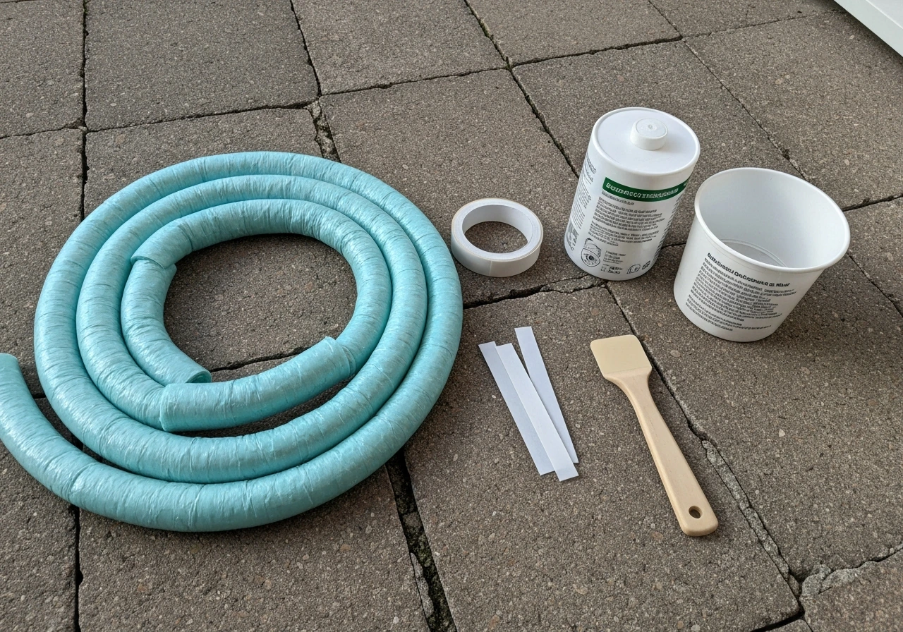 Rouleau de gazon synthétique, colle polyuréthanne bicomposant, bandes adhésives et spatule sur une terrasse.