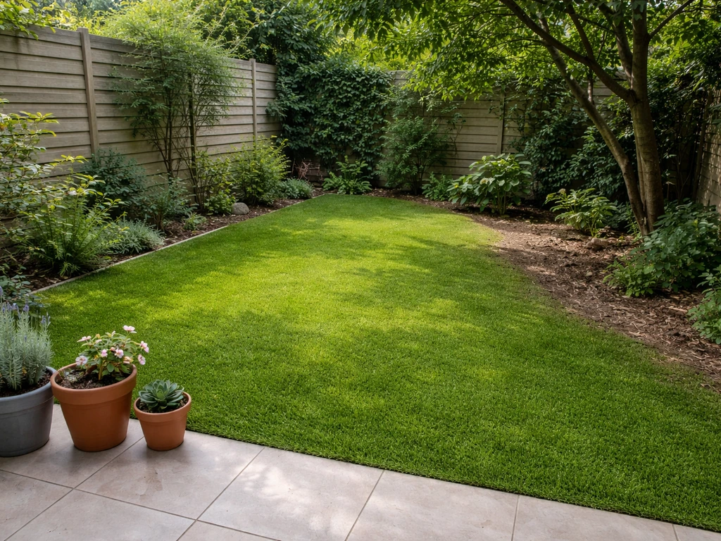 Petit jardin avec pelouse synthétique uniforme contrastant avec une zone naturelle plus irrégulière à l’ombre.
