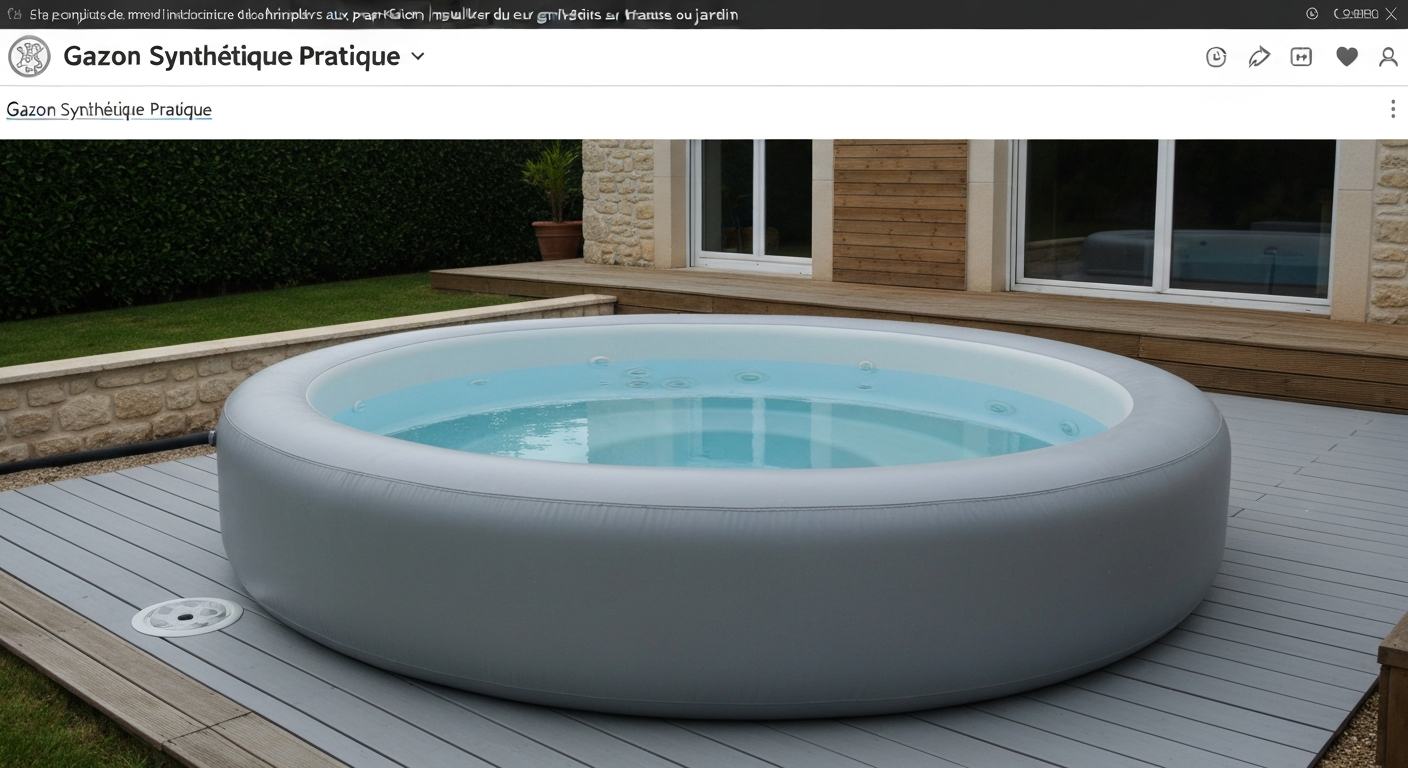 Spa gonflable posé sur gazon synthétique avec dalles alvéolées et géotextile, prise étanche et terrasse en arrière-plan