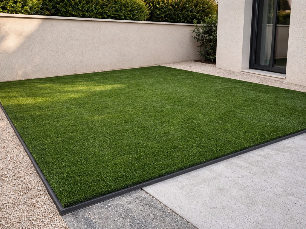 Terrasse avec faux gazon fraîchement posé sur dalle béton, coupes nettes et bordure protégée.