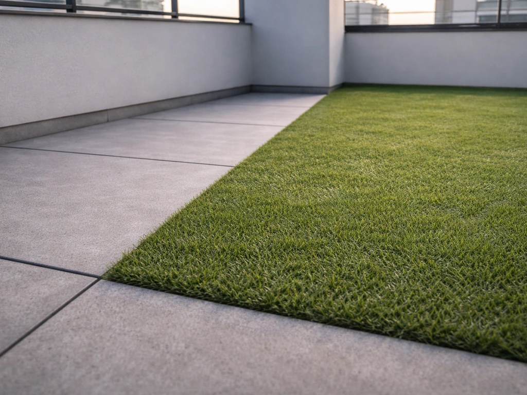Terrasse en béton grise partiellement recouverte de faux gazon vert, brins bien visibles.