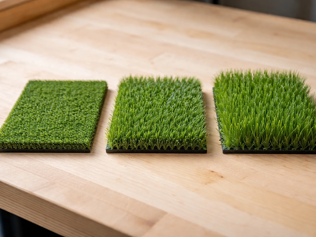 Comparatif de trois mini-tapis de gazon synthétique montrant des hauteurs de brins différentes (10, 20–35 et 40 mm).
