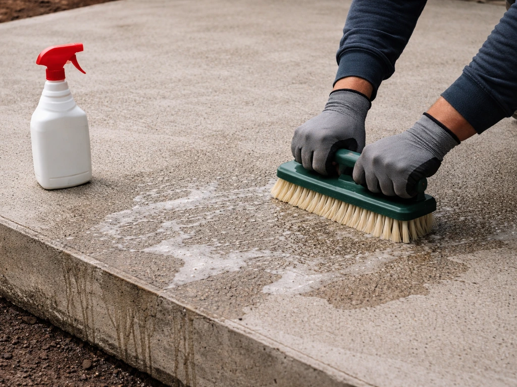 Mains gantées nettoyant une dalle en béton avec une brosse, surface prête à recevoir un géotextile.