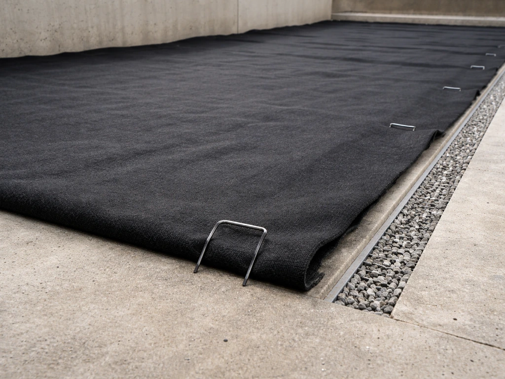 Géotextile drainant posé sur dalle, agrafes visibles, évacuation d’eau suggérée par une légère pente.