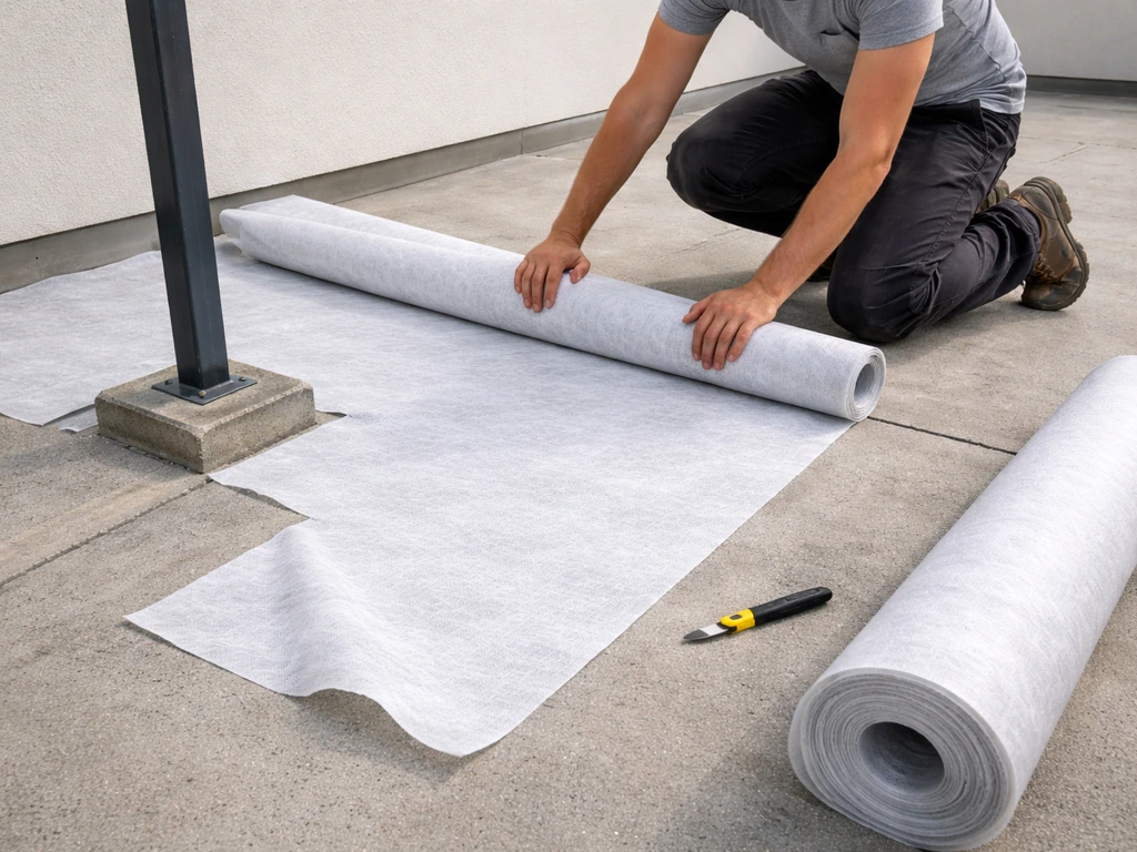Pose d’un géotextile sur une dalle béton : déroulage, découpe autour d’un obstacle et alignement avant jonctions.