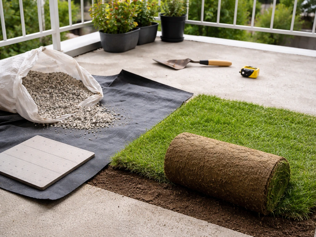 Balcon-jardin avec rouleau de gazon, sous-couche et gravillons, pour illustrer un budget d’aménagement.