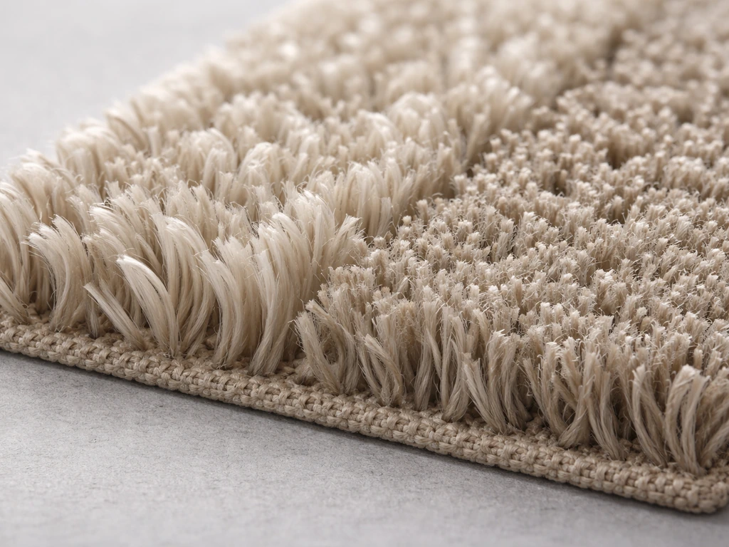Macro de fibres de tapis : brins PE plus doux et brins PP plus fermes, sur fond neutre.