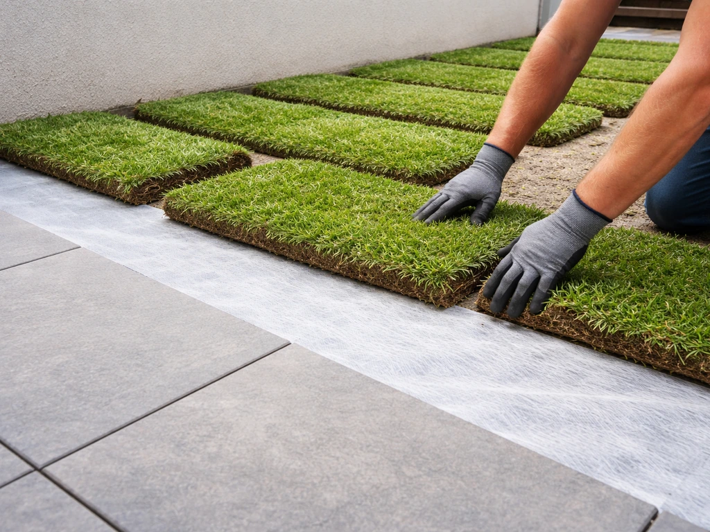 Géotextile sur dalle béton, puis alignement de lés de gazon posés pour une terrasse