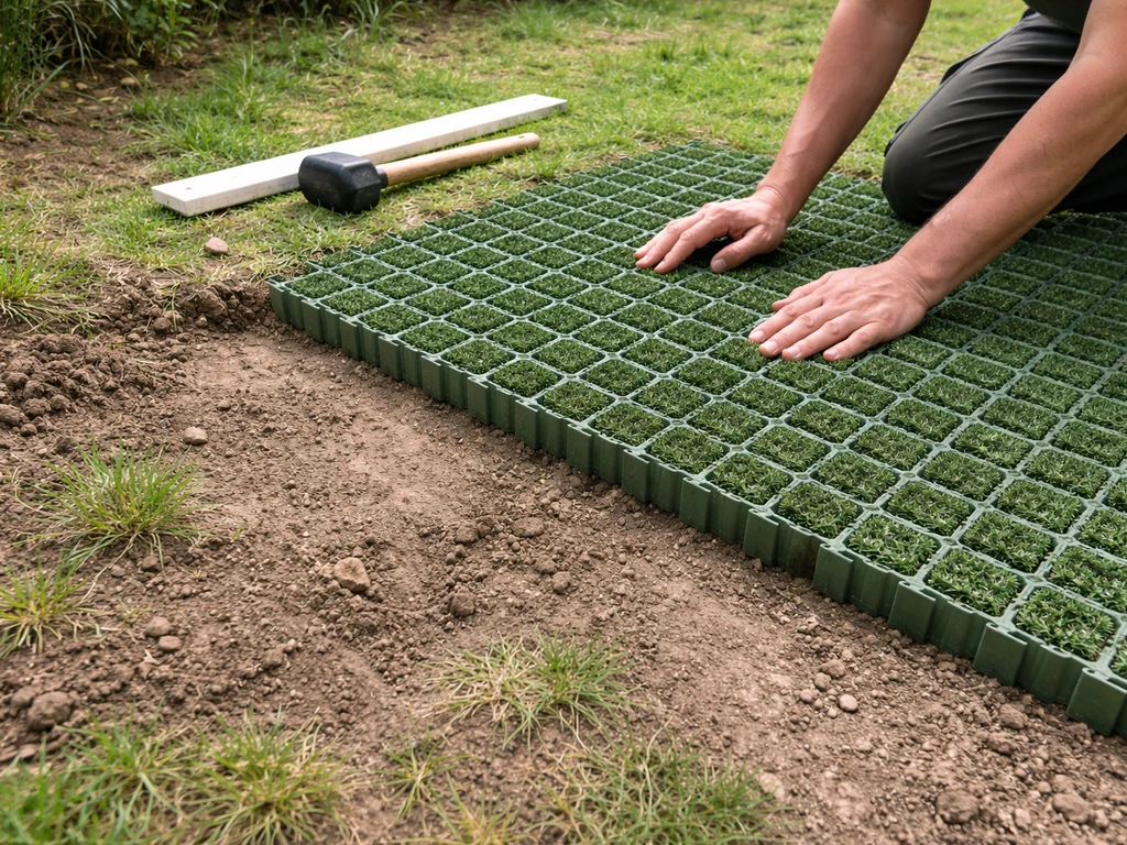 Dalles de gazon plastique posées sur un sol légèrement irrégulier, montrant un rattrapage à niveau.