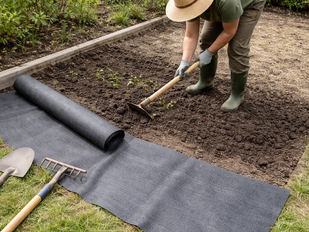 Désherbage et décaissement sur terre avec géotextile posé sous des dalles de gazon, chevauchement visible.