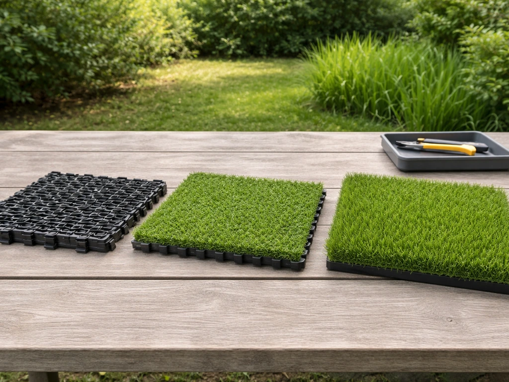 Trois dalles de gazon synthétique (à clipser, à emboîtement, avec gazon pré-intégré) sur une table de jardin.
