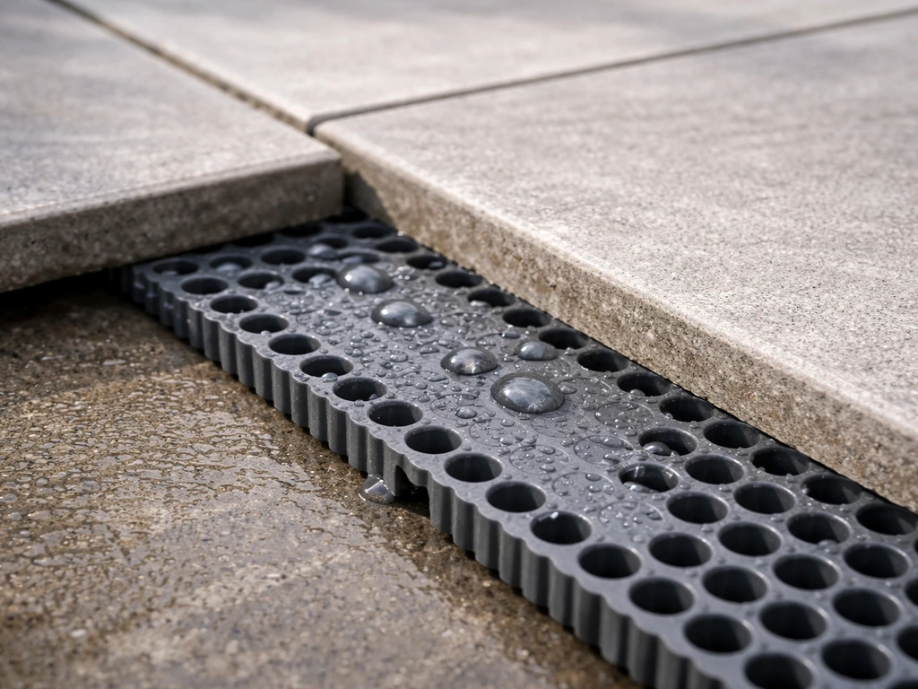 Plaque alvéolaire drainante sous des dalles, avec évacuation de l’eau simulée par des gouttes