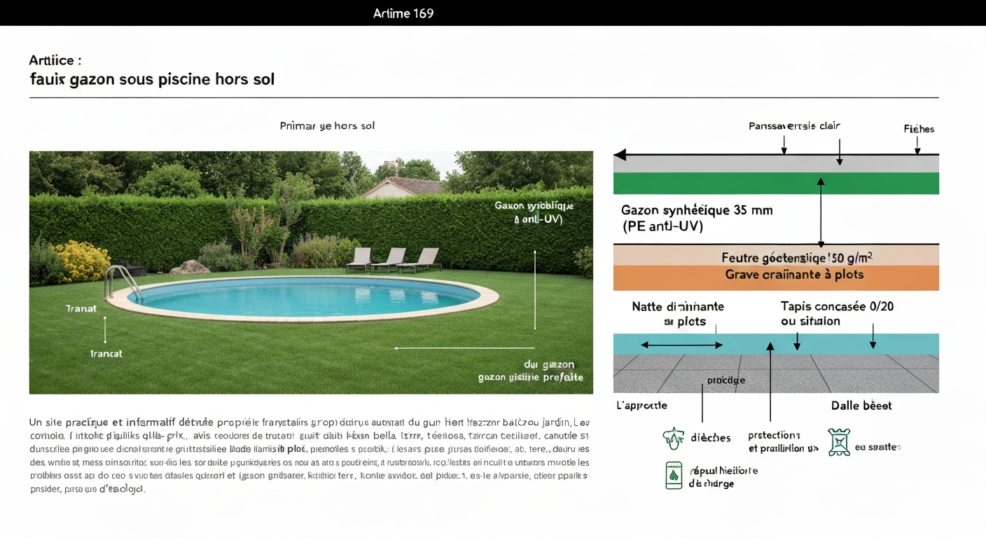 Vue pédagogique : piscine hors sol posée sur gazon synthétique avec coupe affichant les couches (gazon, feutre géotextile, natte drainante, tapis anti-perforation, grave/dalle). Illustration-photo, étiquettes en français.