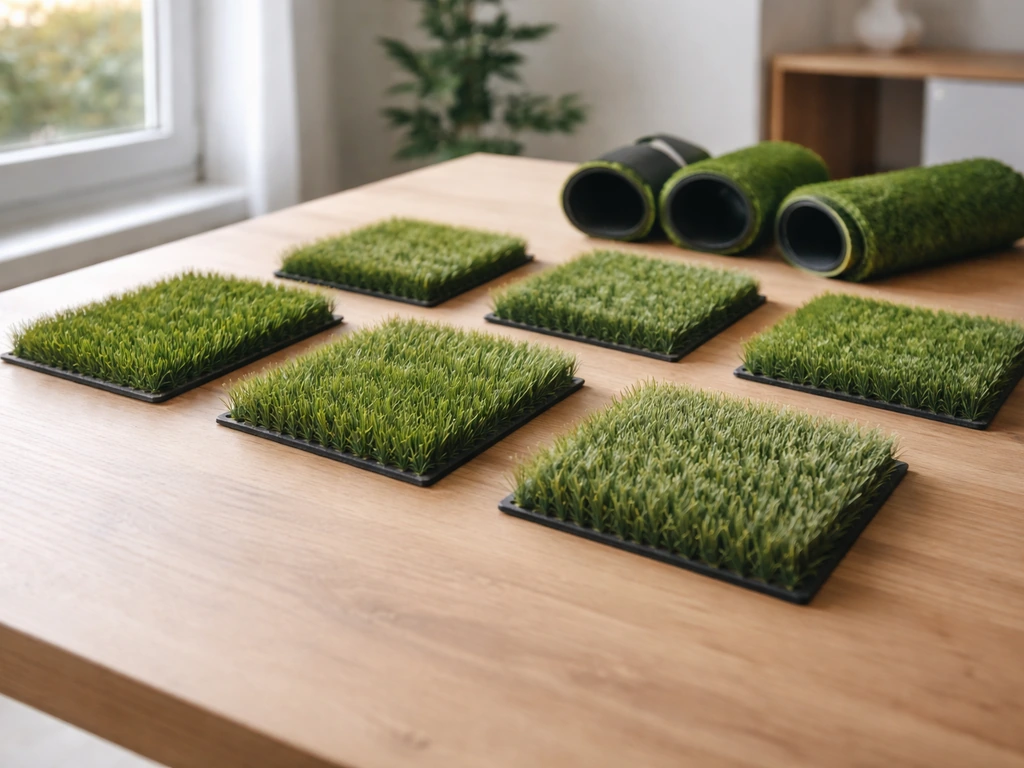 Échantillons de gazon synthétique de hauteurs et textures différentes posés sur une table, éclairage naturel.
