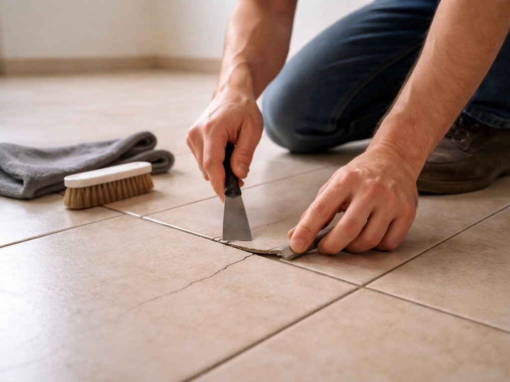Personne inspectant au sol un carrelage existant avec une lame, zones décollées et fissures visibles