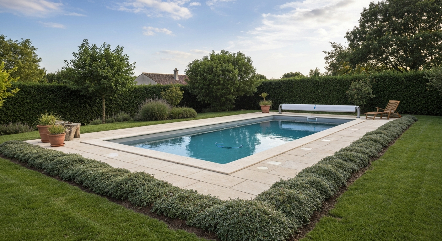 Piscine enterrée moderne bordée d'une pelouse naturelle verte et bien entretenue, margelles en pierre et chaise longue, vue paysage