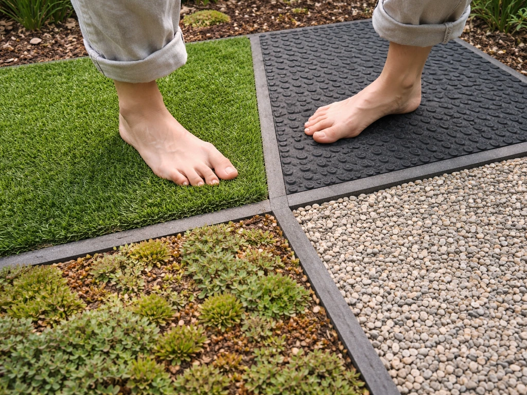 Quatre surfaces de jardin côte à côte (gazon synthétique, caoutchouc drainant, gravier stabilisé, sédums) comparées à pi