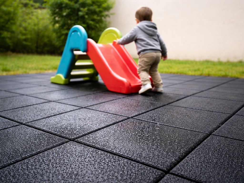 Enfant jouant sur des dalles drainantes en caoutchouc amortissant, aire de jeux extérieure sécurisée.