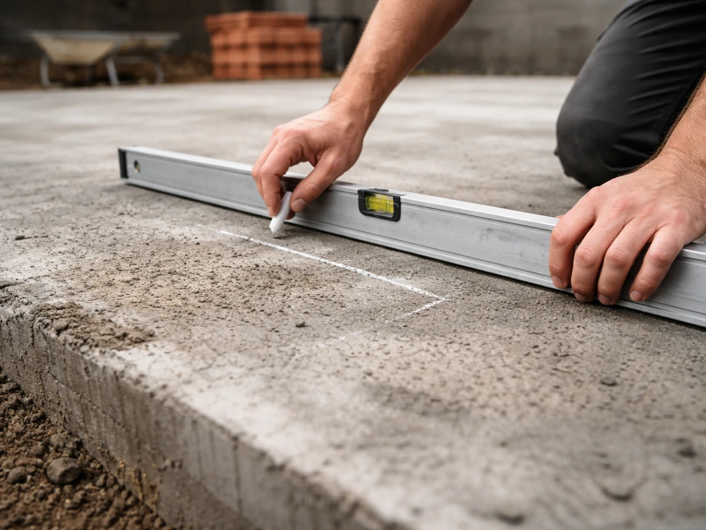 Dalle béton en chantier : un niveau à bulle posé au sol et un marquage à la craie pour corriger la planéité.
