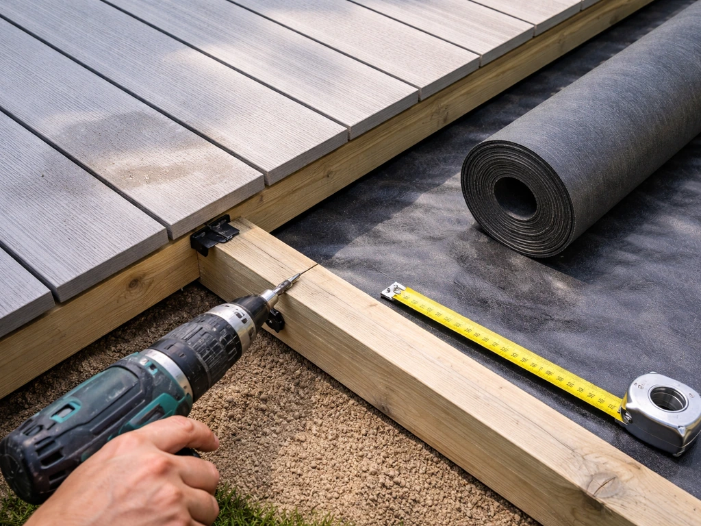 Préparation d’une terrasse en bois : visseuse et fixation sur lames de bois avant la pose de gazon artificiel.