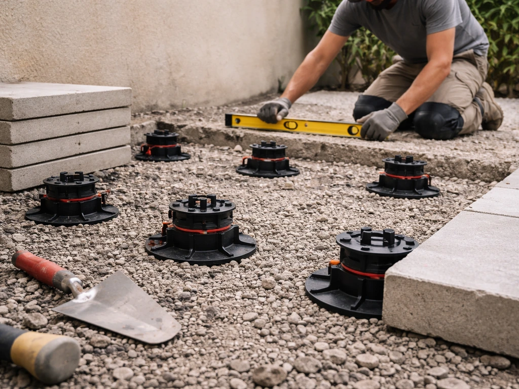 Installateur anonyme qui nivelle des plots sur gravier pour créer une surface plane avant pose de dalles béton.