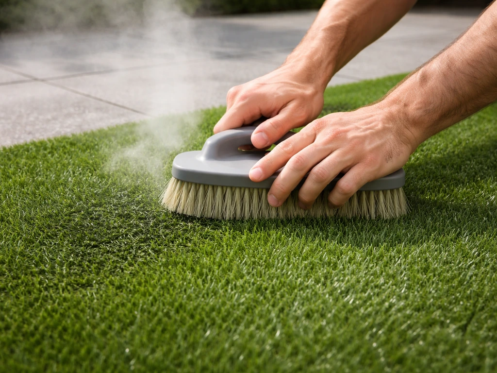 Mains anonymes brossant un gazon artificiel sur une terrasse, fibres redressées, nettoyage à l’eau.