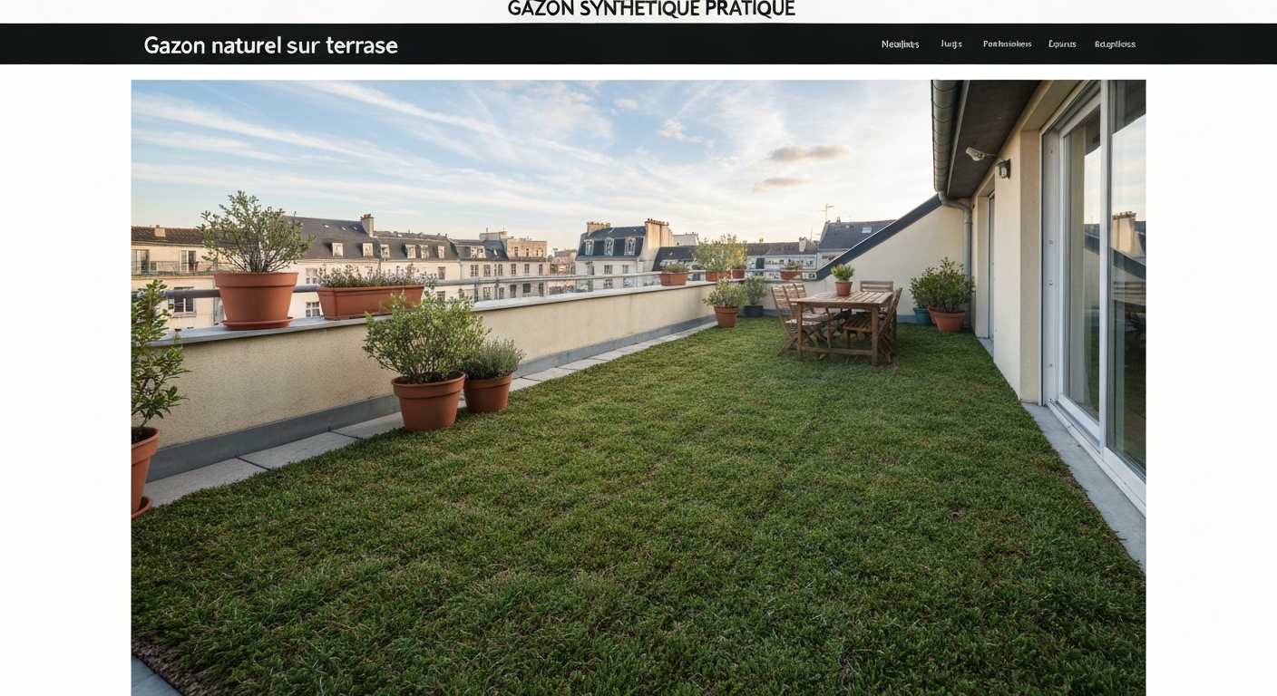 Terrasse urbaine française avec gazon naturel en bacs modulaires sur dalle béton.