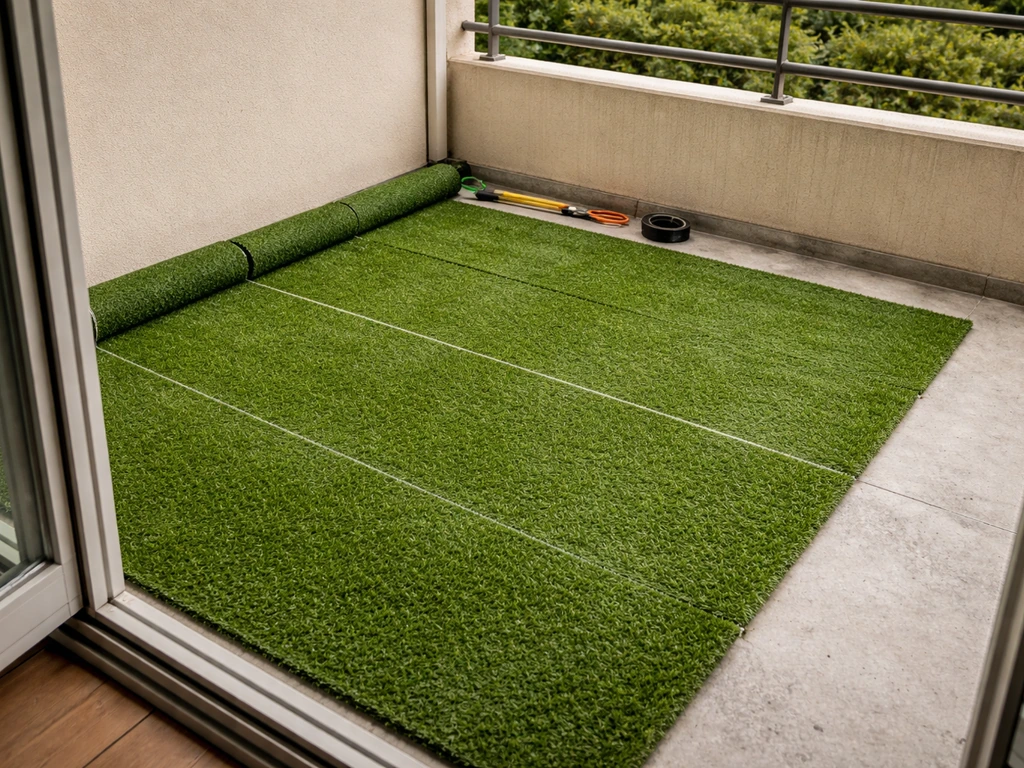 Balcon avec lés de gazon artificiel déroulés et alignés, prêt pour la fixation et les finitions.
