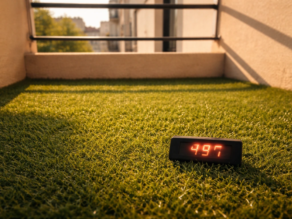 Gazon synthétique sur un balcon exposé au soleil, thermomètre près du sol indiquant une forte chaleur.
