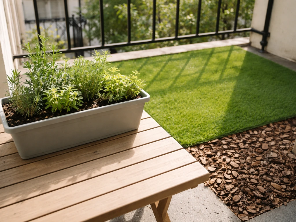 Balcon avec jardinière de plantes et paillis naturel, face à une zone de gazon synthétique, sans personne.