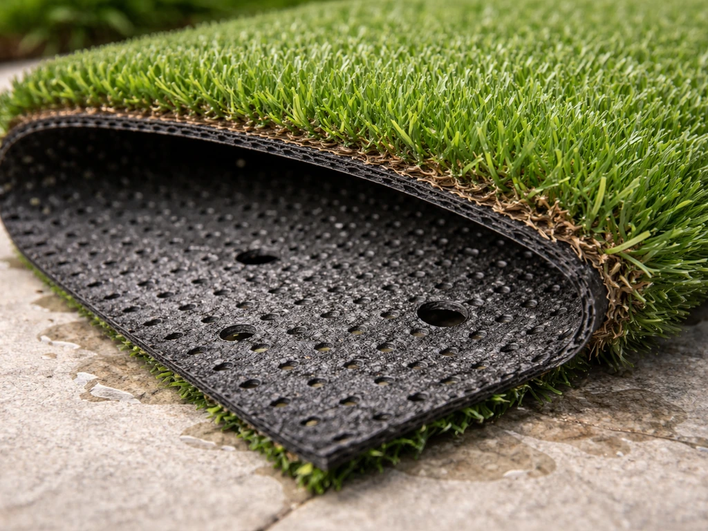 Arrière d’un gazon synthétique avec support perforé et trous de drainage, évacuation de l’eau visible