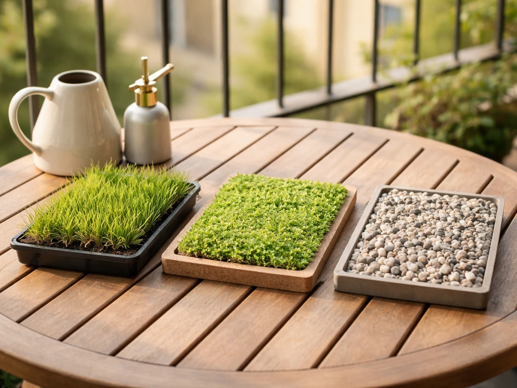 Échantillons sur une table de balcon : gazon naturel, sol végétalisé et gravillons, pour comparer les options sans texte