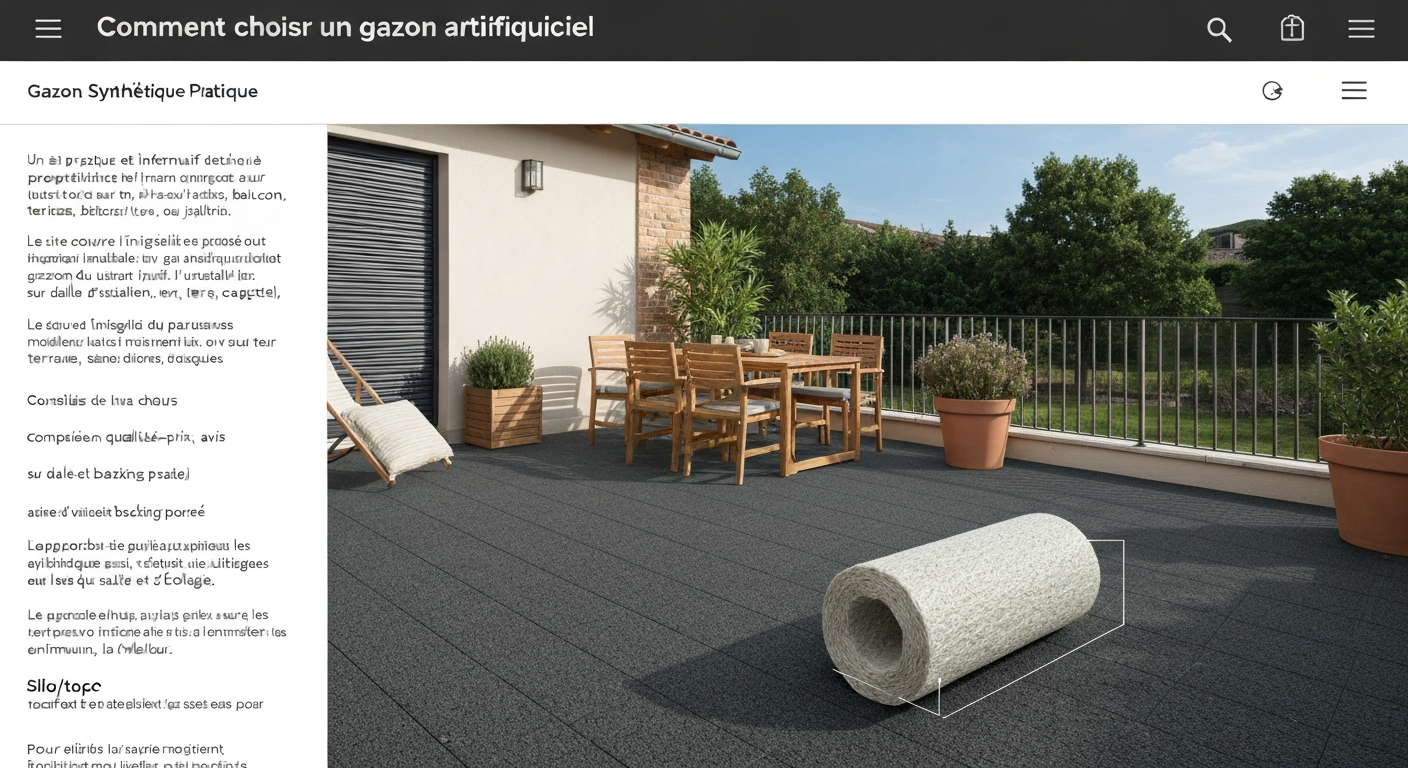 Terrasse française aménagée avec gazon artificiel de qualité, mobilier de jardin et gros plan sur les brins.