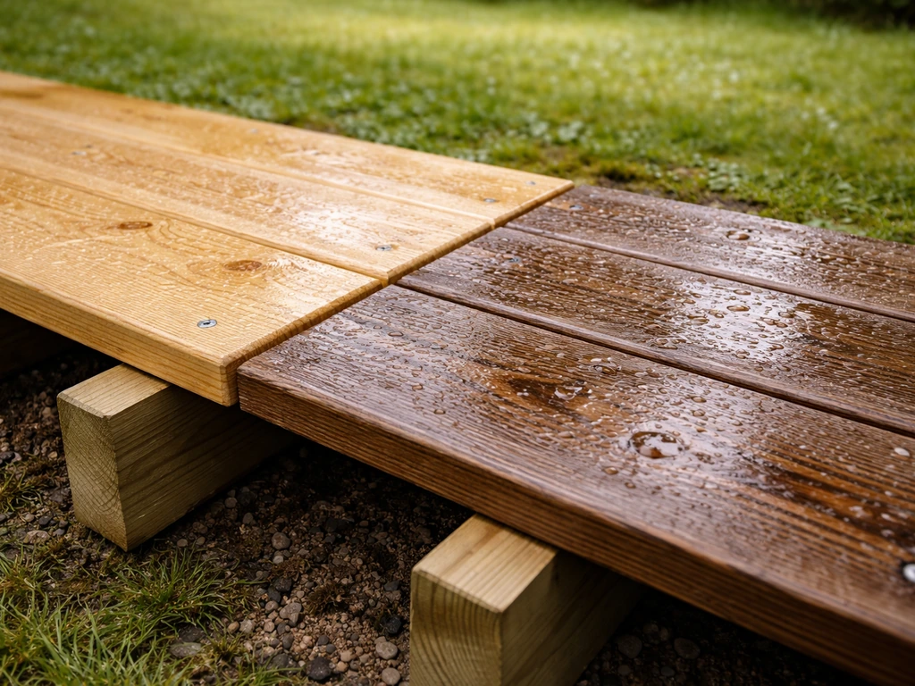 Deux planches de bois sur terrasse, près d’une pelouse humide, avec structure visible sous le platelage.