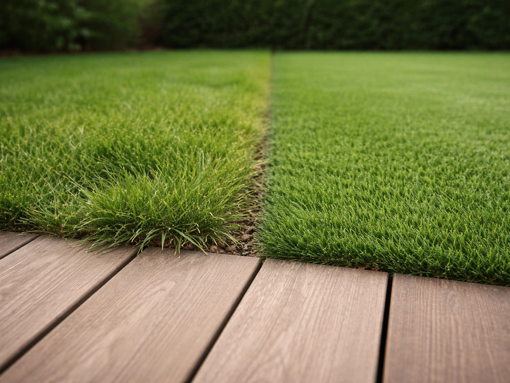 Terrasse en bois avec bordures séparées : gazon naturel à gauche et gazon synthétique à droite, textures visibles.