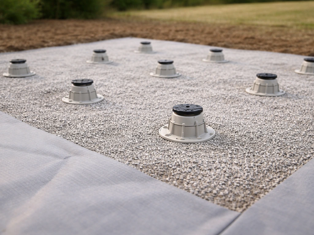 Terrasse en préparation : géotextile, gravier compacté et plots réglables en attente des lambourdes