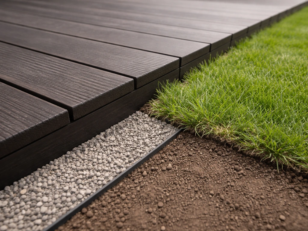 Jonction propre entre terrasse en bois et gazon, avec bordure et géotextile visibles sous un gravier fin.