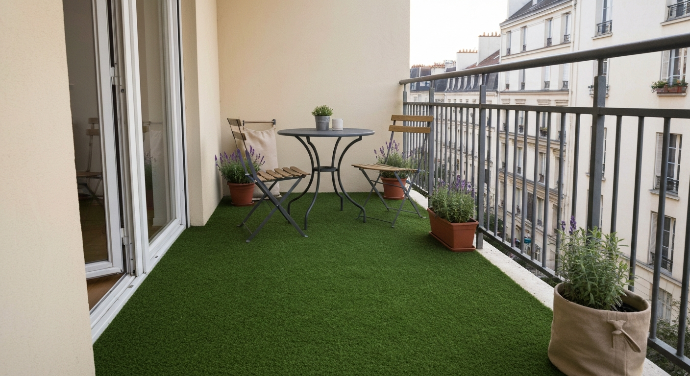 Petit balcon urbain couvert de faux gazon avec mobilier et jardinières, vue oblique