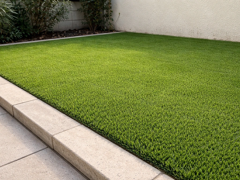 Zone de gazon synthétique bien posé sur une petite terrasse, fibres visibles et rendu homogène.
