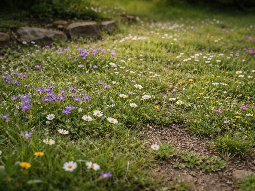 Coin de jardin en prairie fleurie basse avec graminées et fleurs sauvages, hauteur sous 20 cm