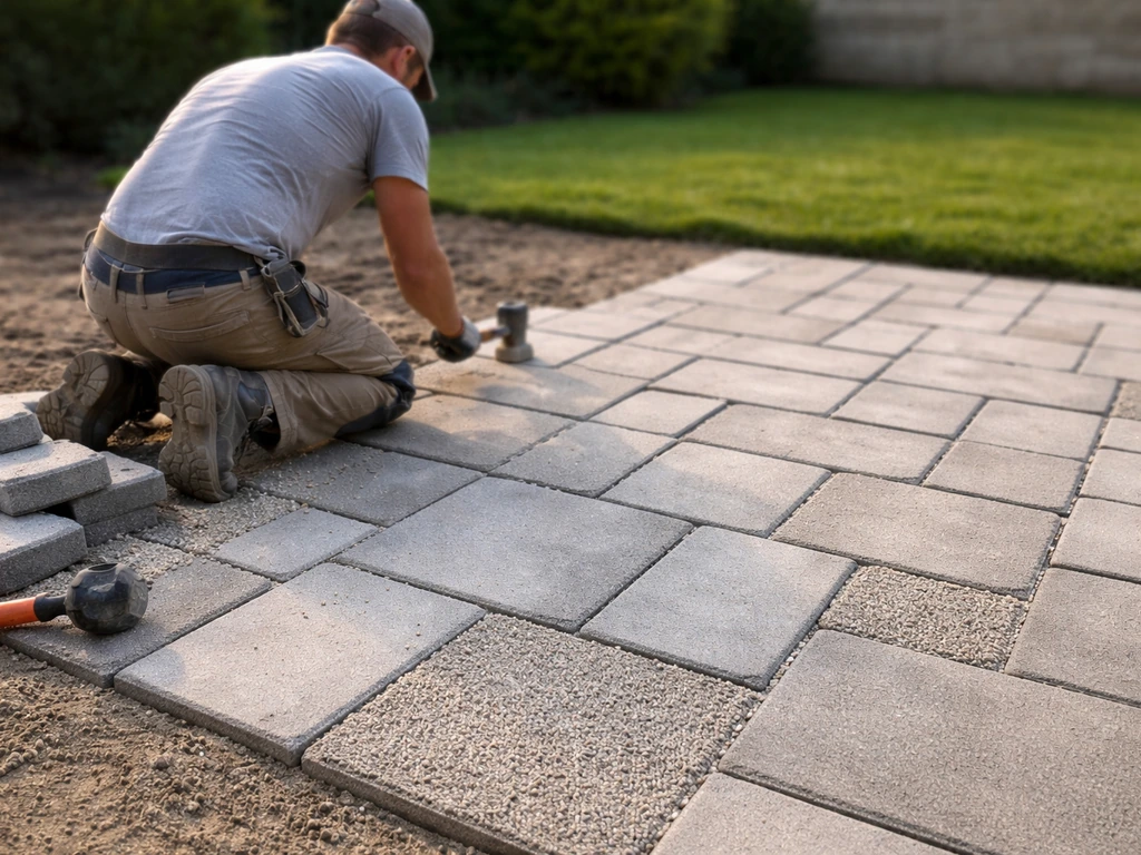 Pose de dalles béton/pavés avec granulat dans les joints, pour une surface carrossable ou piétonne.
