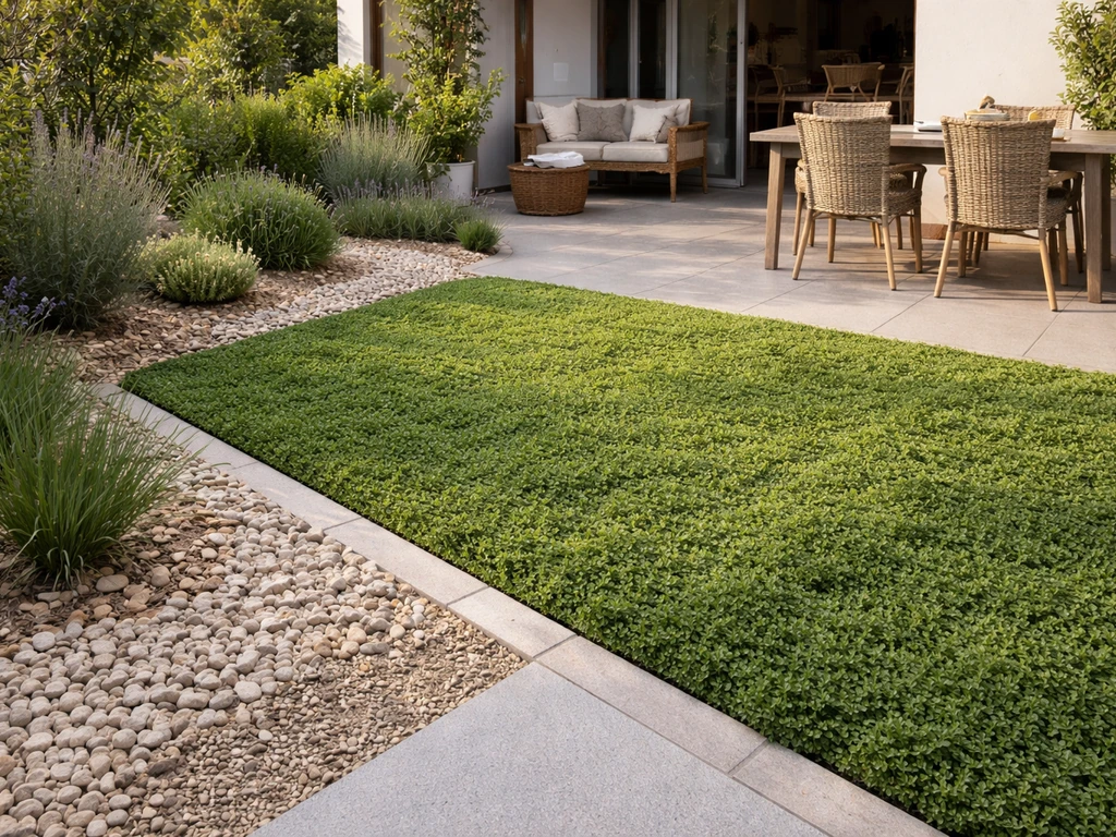 Terrasse avec couvre-sol végétal et paillage minéral, alternative naturelle au gazon synthétique Filippi.