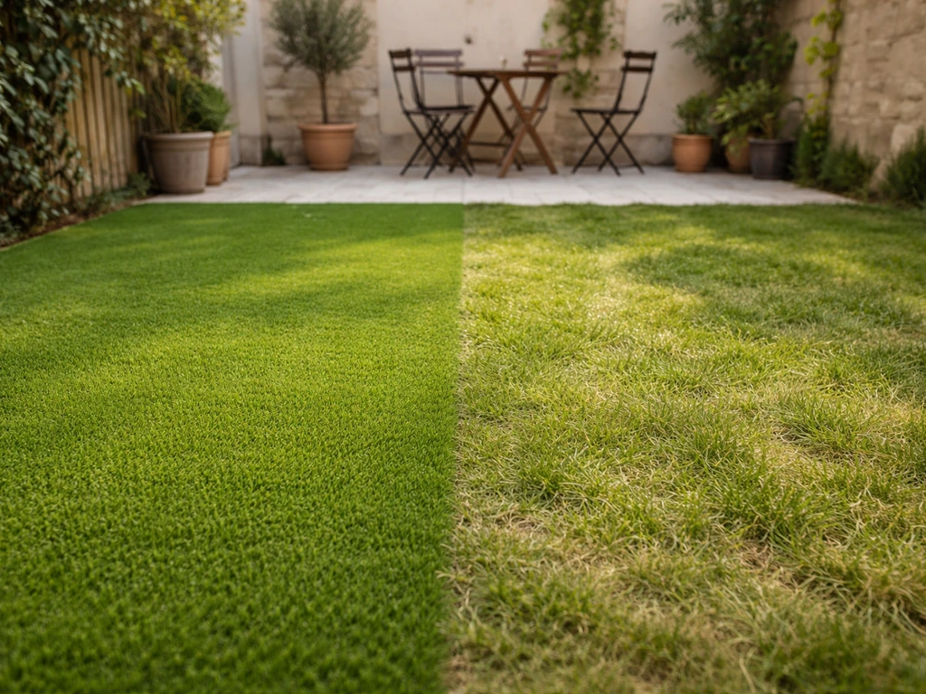 Terrasse avec deux zones de gazon, l’une synthétique l’autre naturelle, contraste net de texture.