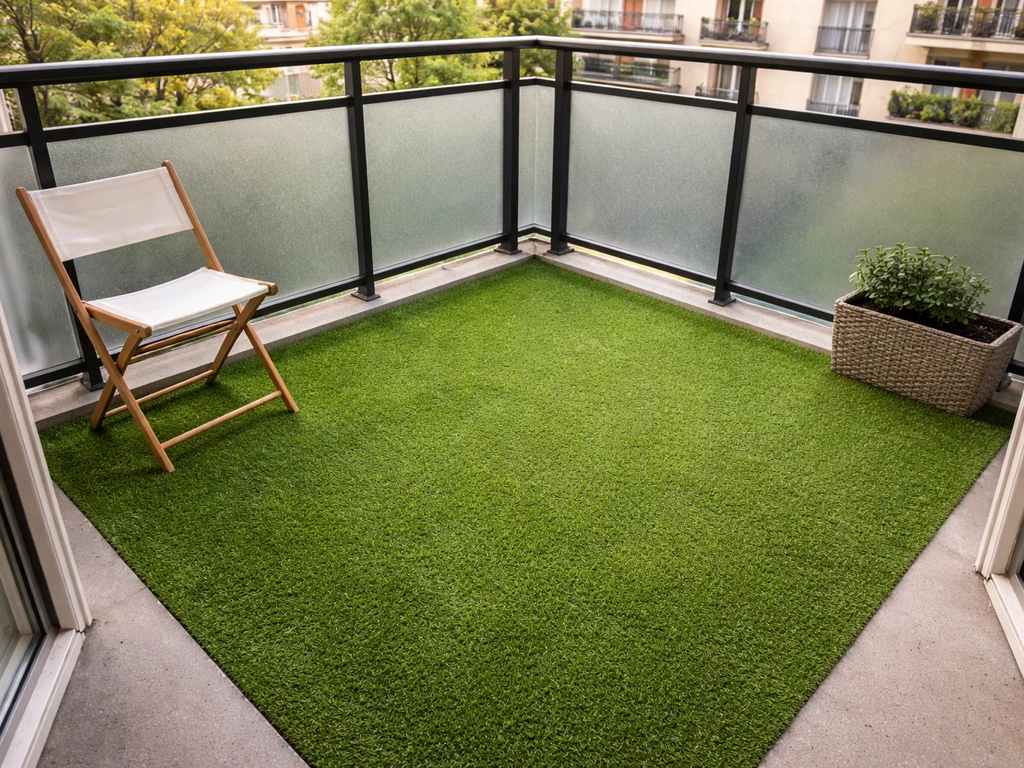 Petit balcon entièrement recouvert de gazon synthétique vert, rendu dense et lignes de coupe propres.